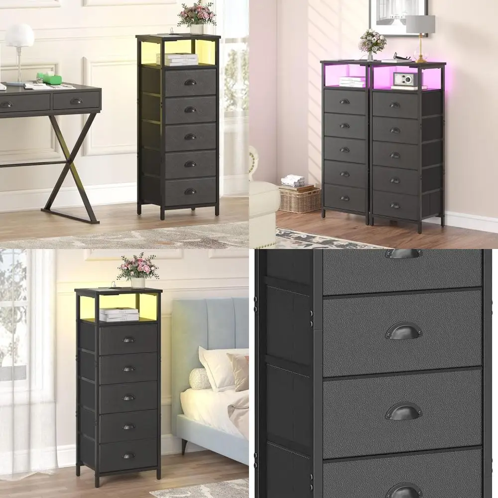 

Черная светодиодная тумбочка с 5 тканевыми ящиками, зарядной станцией и двухуровневой открытой полкой для спальни