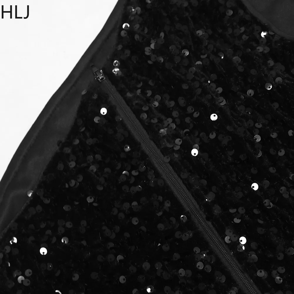 HLJ Fashion One Shoulder Sequin Feather Splicing Irregular Party Club Dresses Women Sleeveless Backless Slim Vestidos Clothing