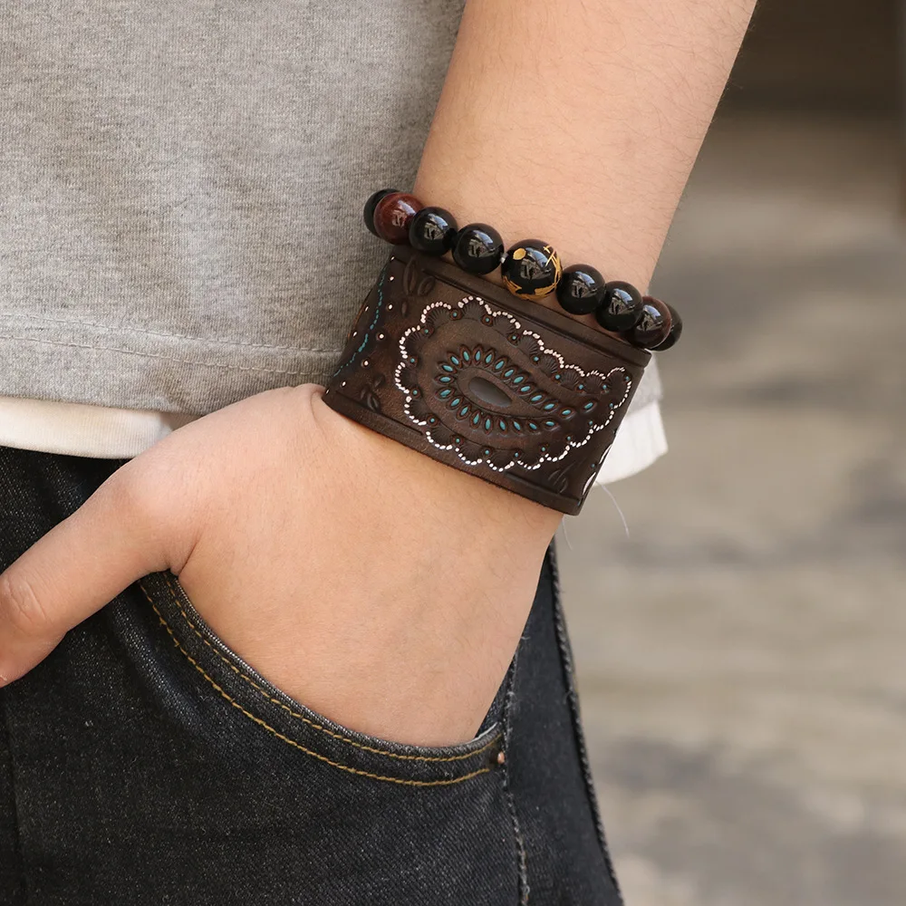 Kirykle Men Brown Black Vintage Genuine Leather Bangles Wide Leather Bracelet For Women Bracelet Cell Shape Punk Charm Jewelry