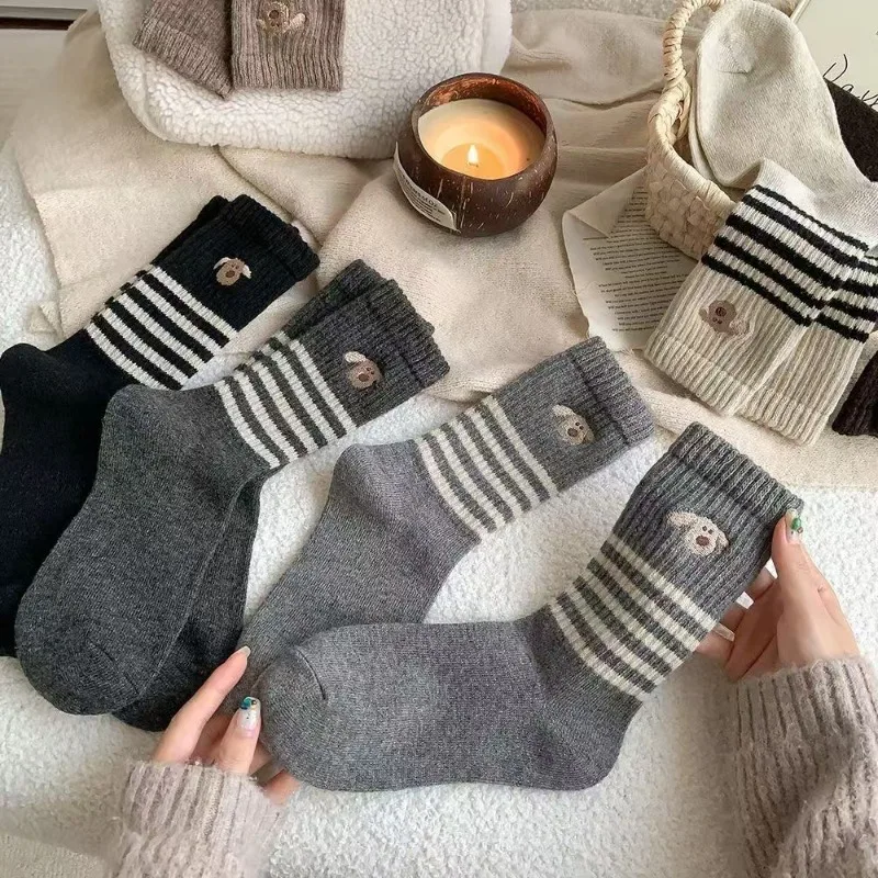 

6 пар осенне-зимних толстых теплых женских носков в полоску Майяра, модные и универсальные женские носки средней длины с мультяшными животными