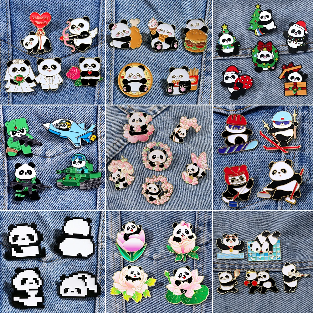Cartoon Panda Enamel Pins Set Cute Flower/French Fries/Burger/Skating/Chinese Elements Lapel Badges, Alloy Material Jewelry Gift