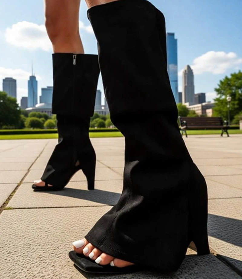 

Black Denim Folded Strap Thin Heeled Sandal Boot Square Toe Stiletto Heel Knee High Boots Summer Open Toe Dress Shoes