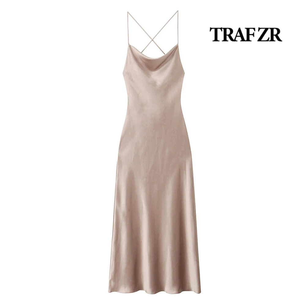 TRAF ZR Fabulous Elegant Gown with Thin Straps Tied Back Vintage Straight Neck Midi Dress Sexy Backless Ruched Vestidos De Mujer