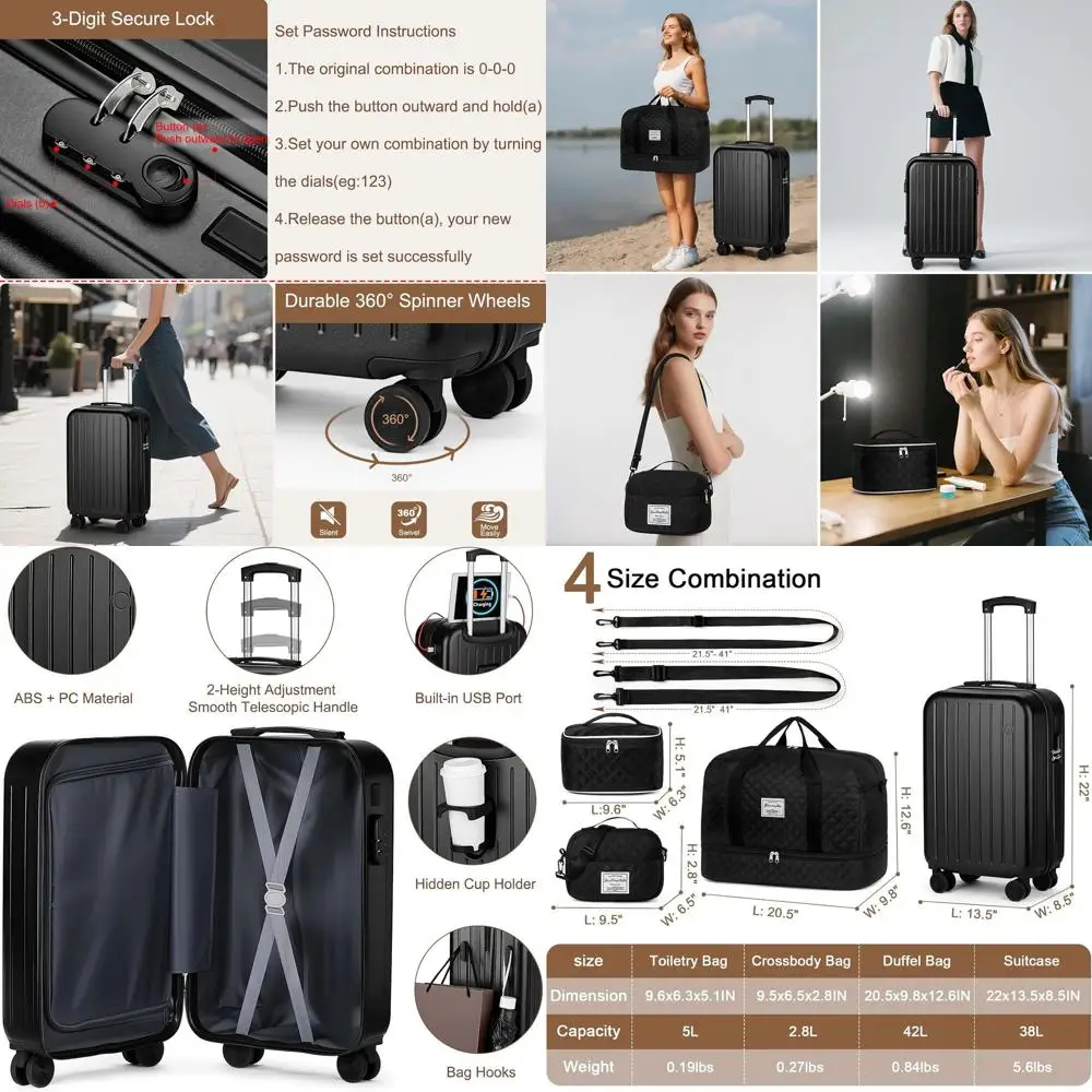 

4-Piece Yorige Lage Travel Set: 20 Hardshell Suitcase with USB, Spinner Wheels, Duffel, and Cup Holder