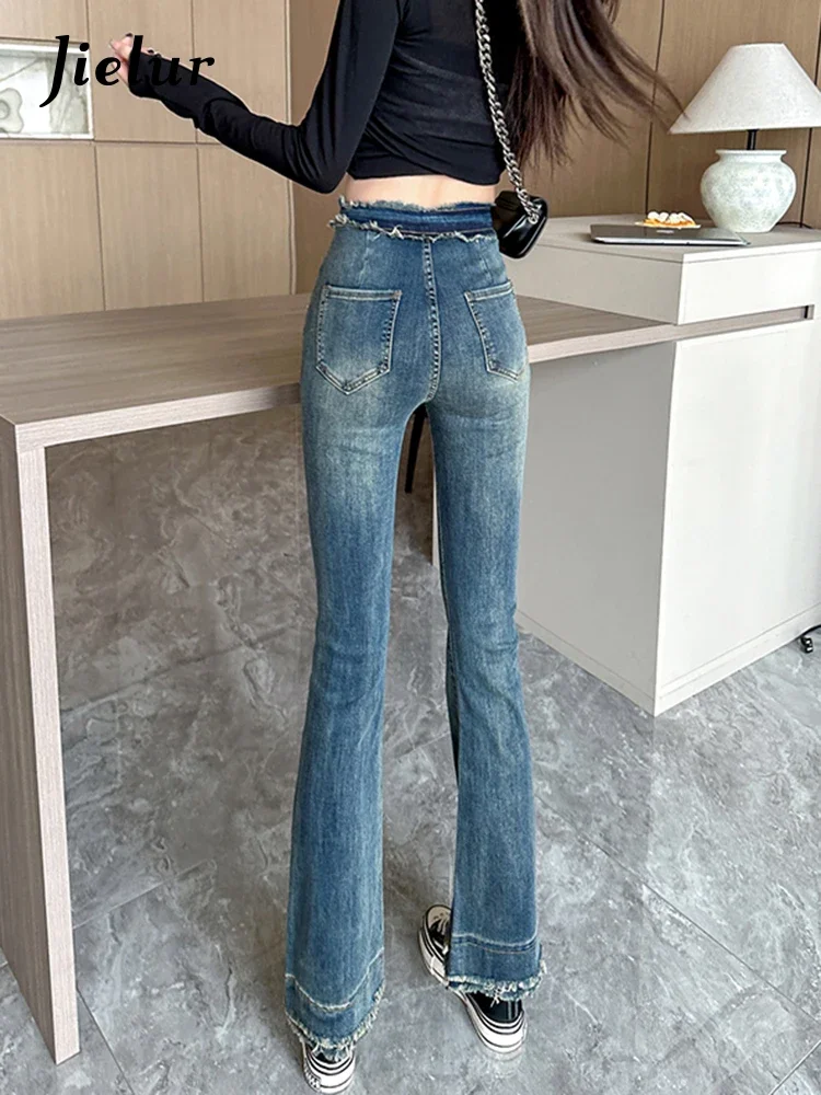 Jielur クラシックハイウエストフレアジーンズ女性ファッションレトロブルージーンズ女性の夏のカジュアル韓国スキニーデニムパンツ女性 Y2K