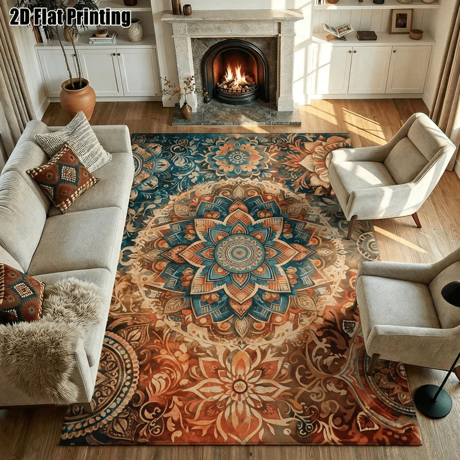 1Pc Bohemian Vintage Mandala Pattern Rug, Artistic Decorative Rug, Suitable for Living Room, Bedroom, Dining Room, Bedside, Indoor and Outdoor Patio, Home Decoration
