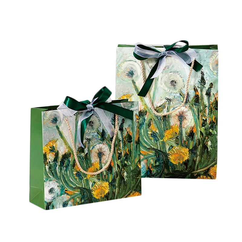 كيس ورقي محمول من الستوباج ، كيس خبز ، كيس هدايا من قطعة واحدة لتعبئة وتغليف الهدايا للعام الجديد بمقبض رسم زيتي بشريط ، زهرة 5 * #4