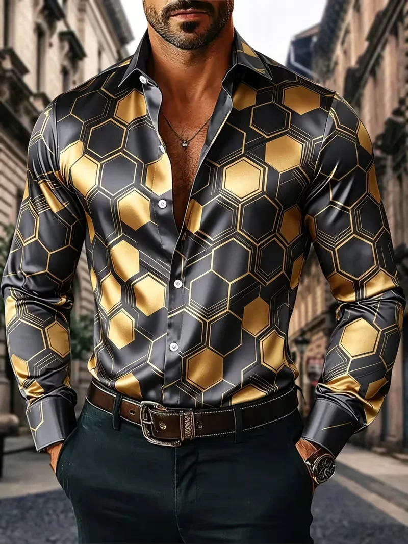Men's Gradient Satin Long Sleeved Shirt, Retro Movie Film Scroll Striped Collar, Slim Fit Business Party Men's Formal Shirt