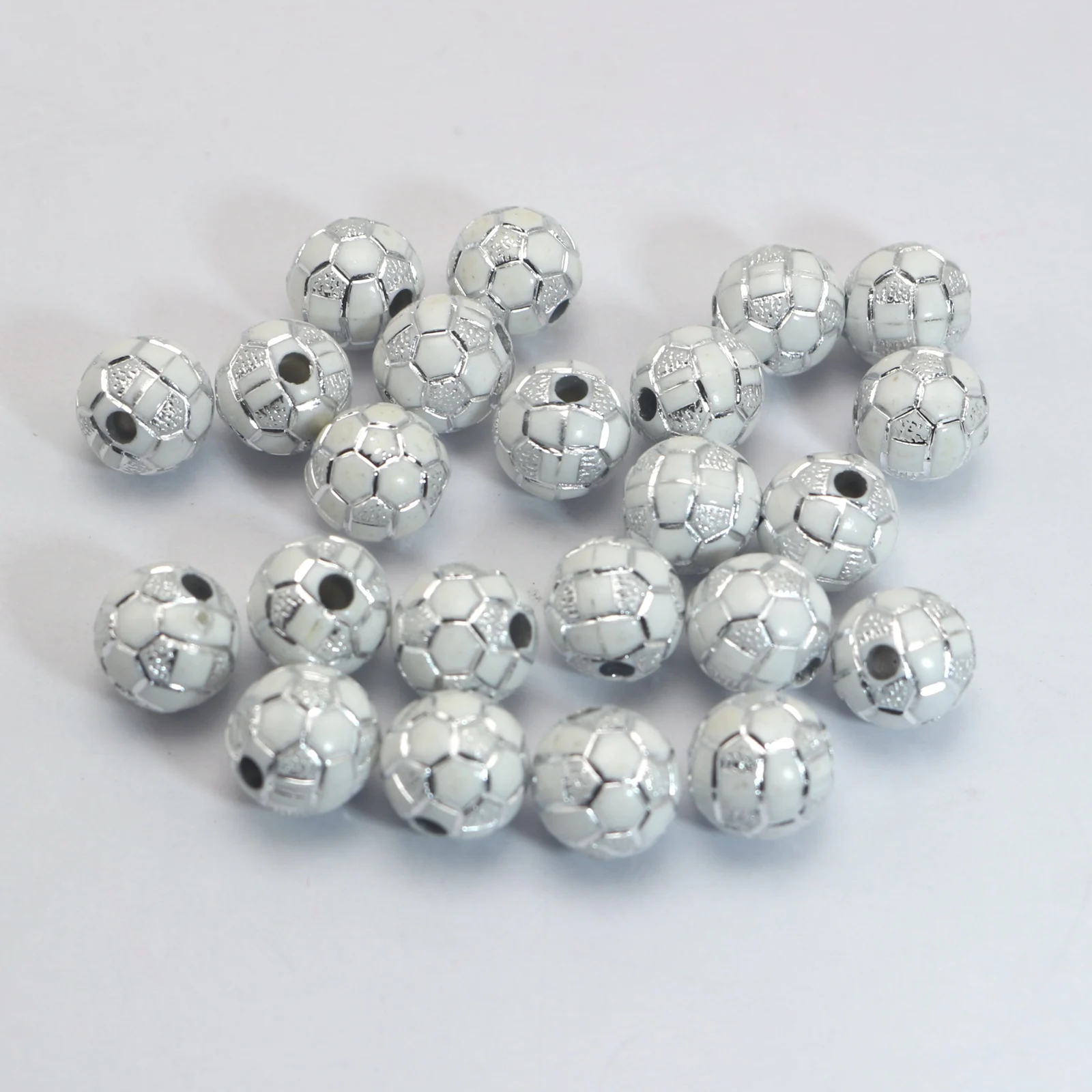 100 White Sparkling  Football Soccer Pattern Acrylic Round Beads 10mm