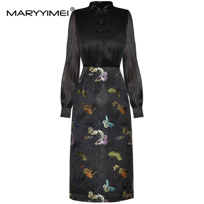 

MARYYIMEI Fashion New Women's Stand-Up Collar Long Sleeved Button Patchwork Jacquard Printed New Chinese Elegant Hip Wrap Dress