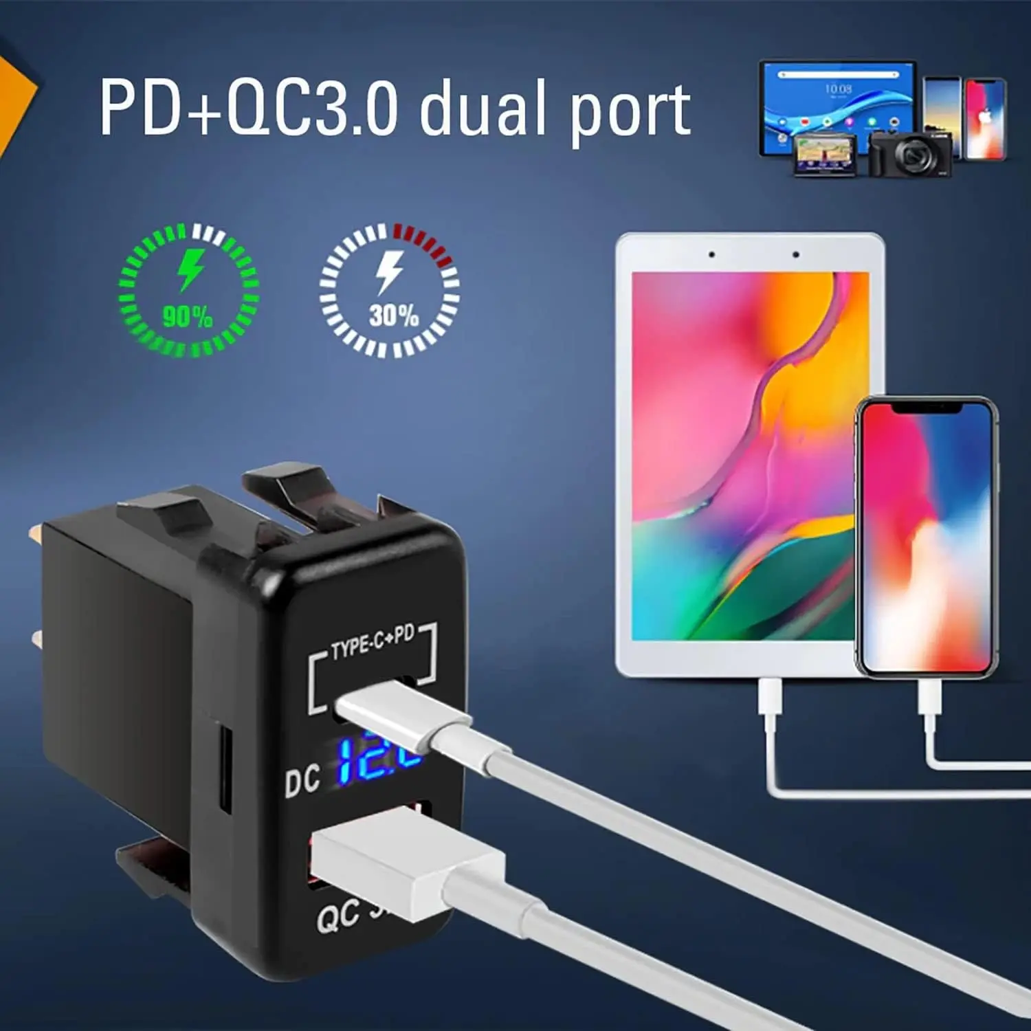 도요타 차량용 USB 충전기 소켓, 급속 충전 3.0, PD USB C 포트 전원 콘센트 어댑터, 12V, 24V