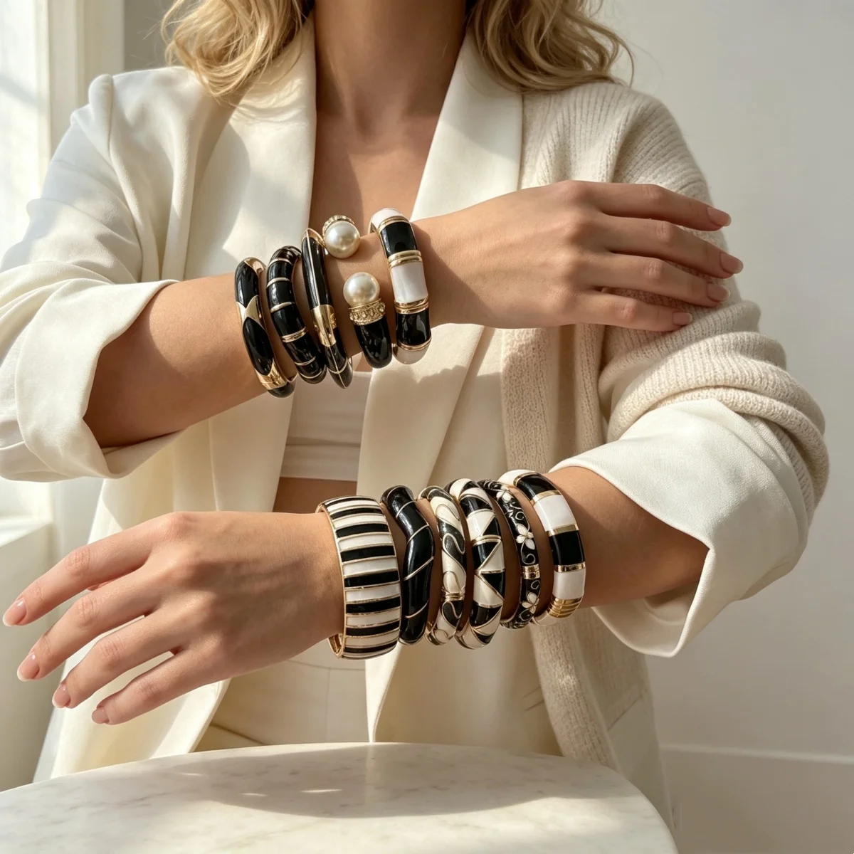 Vintage Schwarz-Weiß Gesplittete Emaille-Manschettenarmbänder für Damen und Herren, Punk Geometrisches Blumenmuster, Wellenförmiger Bambus-Gelenk-Armreif Schmuck – Detail 12
