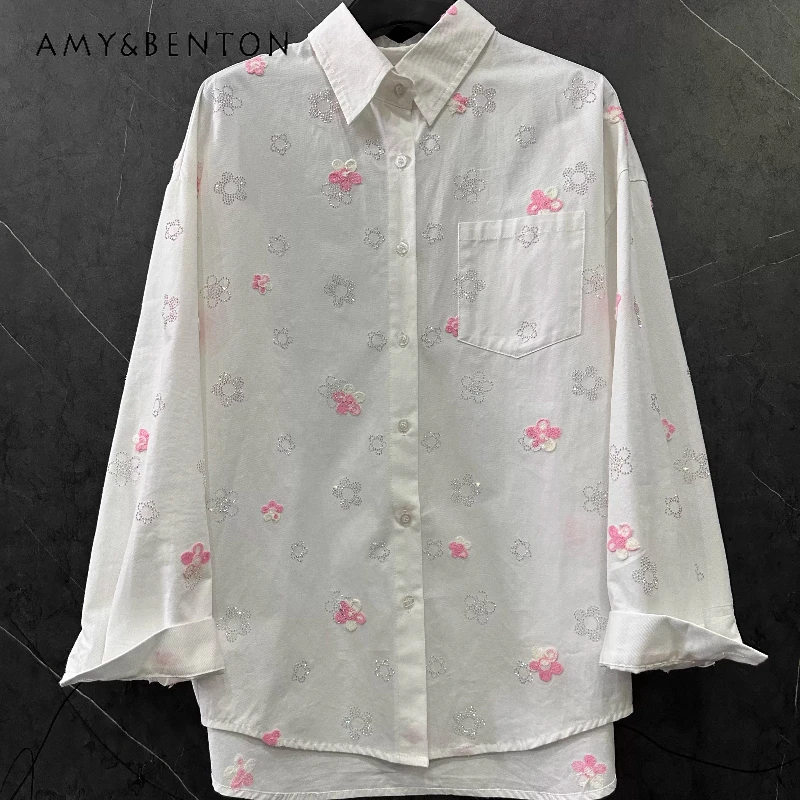 

Весна 2026: Новая женская блузка с длинными рукавами, вышивкой цветами и стразами, свободного кроя, повседневная, модная, милая