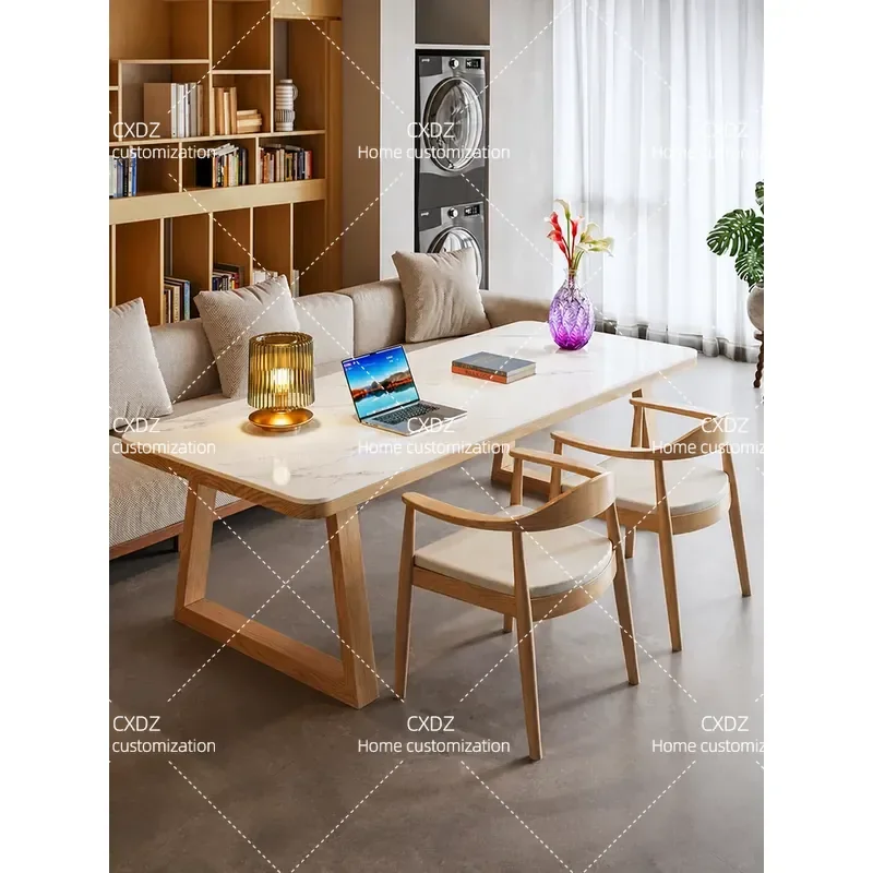 Large Living Room Desk with Sofa Natural Luxury Stone Slab Top Solid Wood Base Long Board Table for Reading Study and
