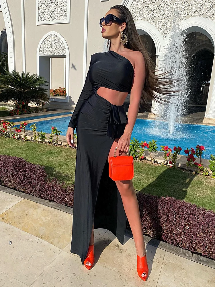 VC Black Long Dress Women Diagonal Collar One-Shoulder High Slit Ruched Design Evening Party Dress 2022 Autumn Winter New