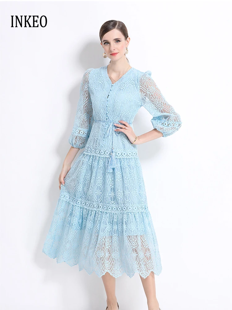 

Beach Lace embroidery Midi dress Women 2025 Summer Solid color High quality V-neck sashes dresses See-through INKEO 5D155