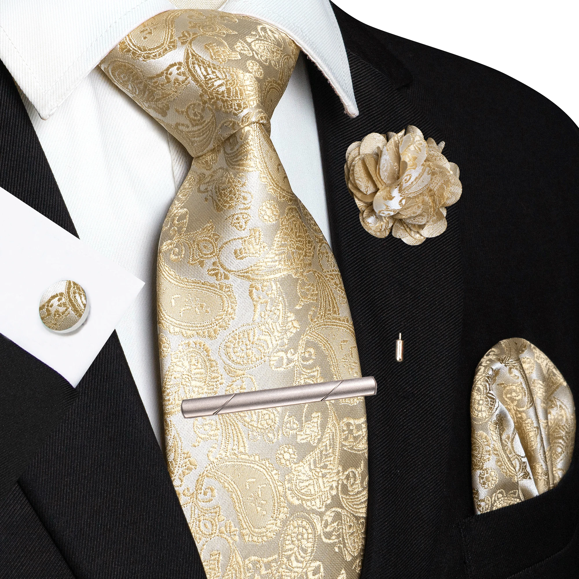 Champagne Floral Paisley Silk Elegant Tie For Men Groom Wedding Men Necktie Pocket Square Cufflink Brooch Tie Clip Accessory