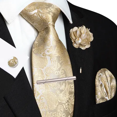 Champagne Floral Paisley Silk Elegant Tie For Men Groom Wedding Men Necktie Pocket Square Cufflink Brooch Tie Clip Accessory