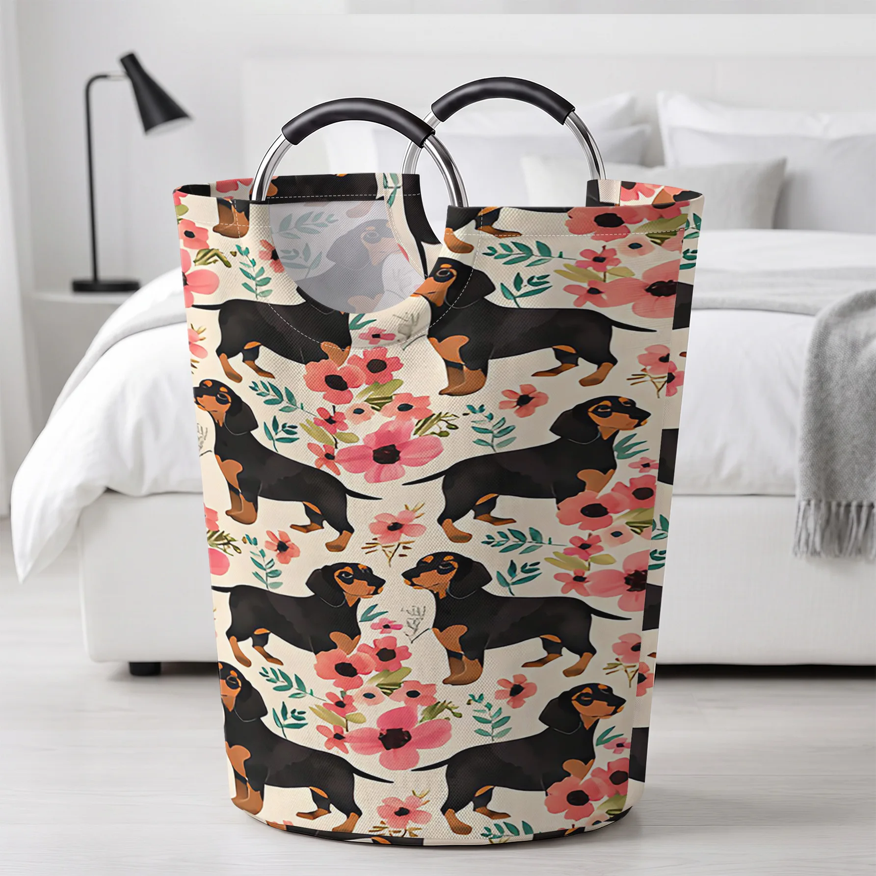 Dachshund And Pink Flowers All‑Over Print Handheld Storage Basket, For Laundry, Bedroom & Home Sundries Storage