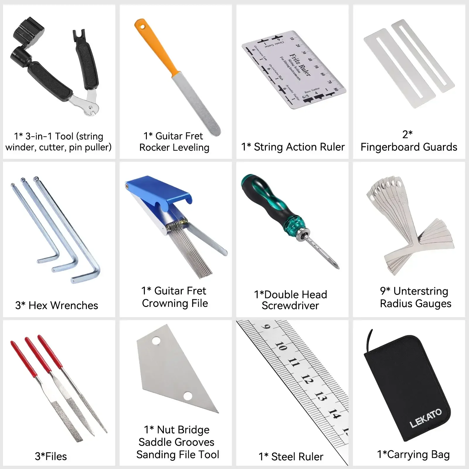 Kit de manutenção de guitarra profissional Lekato 25 ferramentas com estojo - Cuidados, configuração e reparos de traste para elétrico/acústico, baixo, banjo