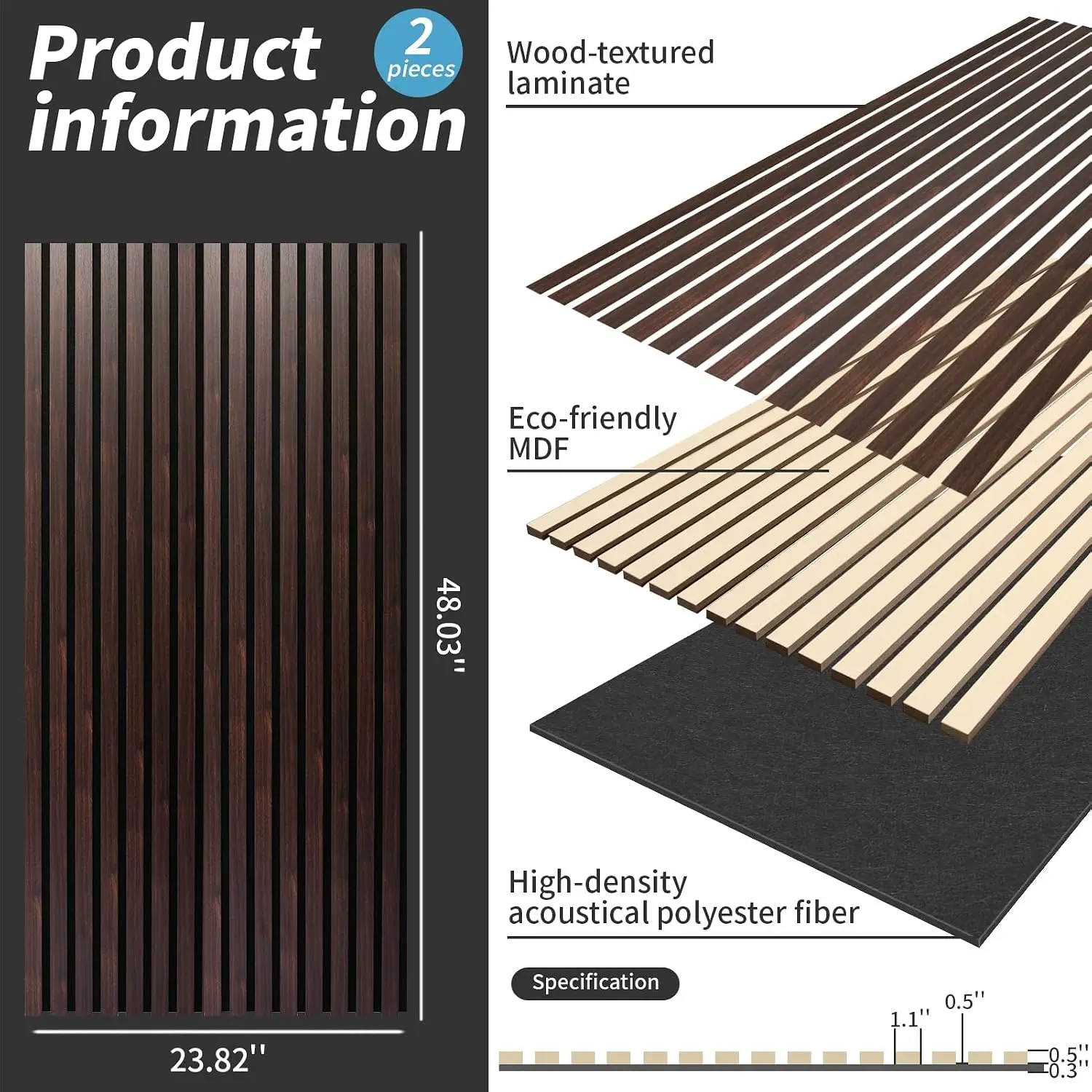Soundproof Wood Slat Wall Panel, 2 Pack | 3D Soundproof Wall Panels, Large Acoustic Panels, for Interior Ceiling, Wall Decor