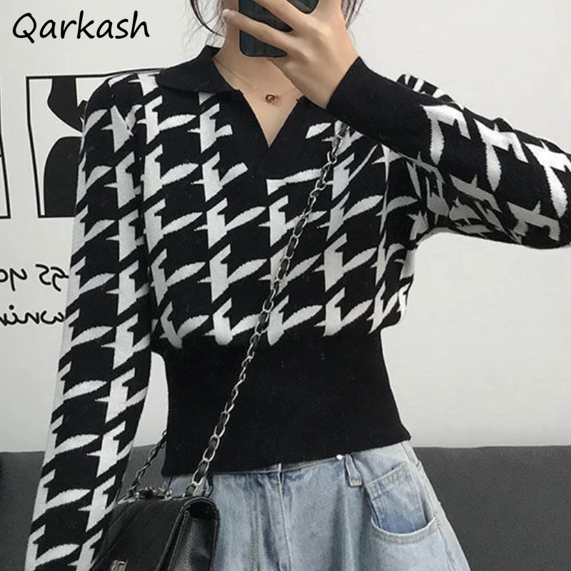 

Cropped Pullovers Women Houndstooth Vintage Slim Autumn Design Cozy Korean Style Leisure All-match Chic Knitwear Ins New 2023