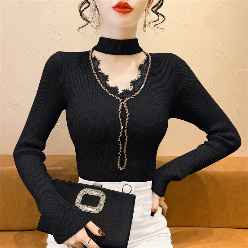 

2025, новинка, европейская, одежда, вязаный, свитер, женский, шикарный, сексуальный, кристалл, бриллиант, перекрещенный, V-образный вырез, полые, с длинным рукавом, тонкие, топы, 51022