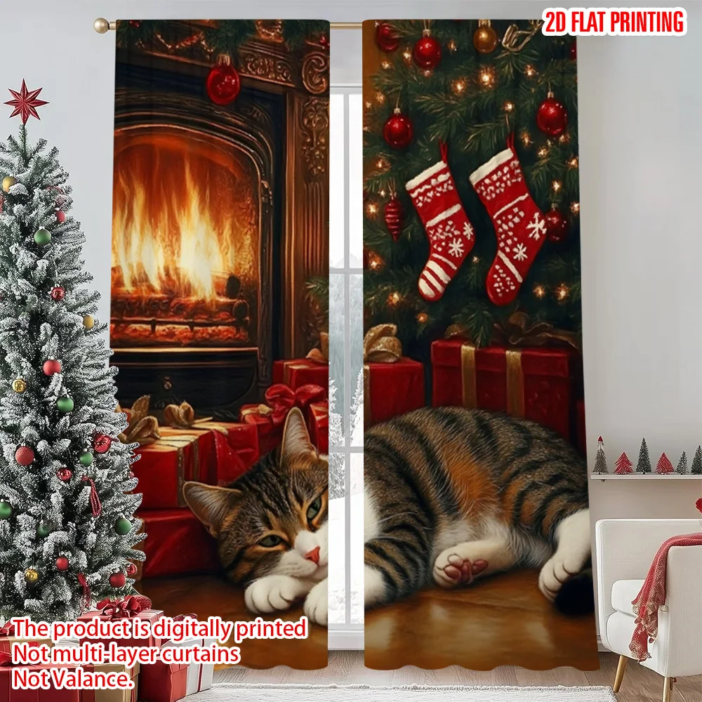 

2pcs 2D flat printing Christmas Party Curtain Animal Scenery8 Machine Washable Polyester Without Electricity Family Party
