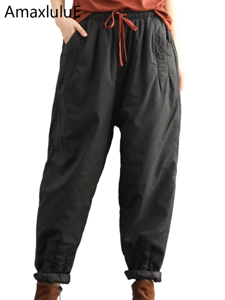 

AmaxluluE 2025 Korean Designer Winter Warm Clothes Womens Fashion Loose Padded Pants Ladies Casual Classic Cotton Harem Trousers