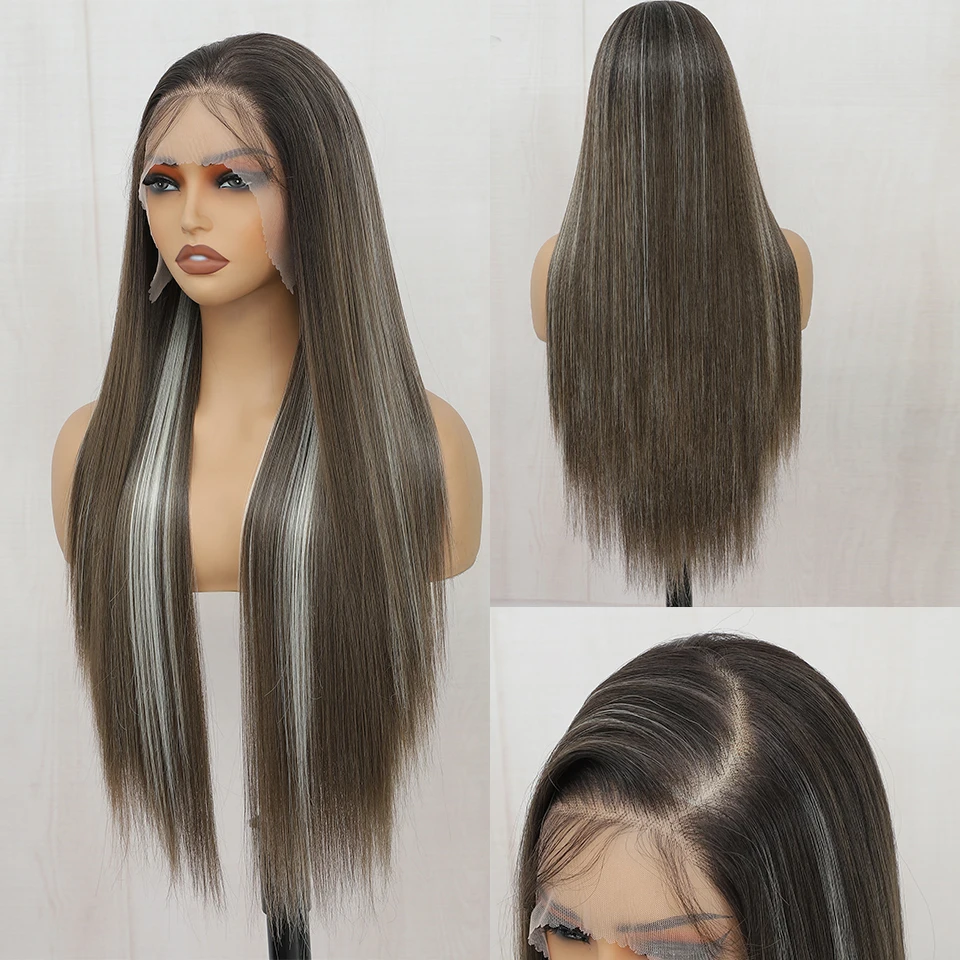 

Chocolate Brown Straight 13x4 Lace Front Wig Pre Plucked 13x4 HD Lace Frontal Wigs Dark Brown Synthetic Hair Closure Wigs