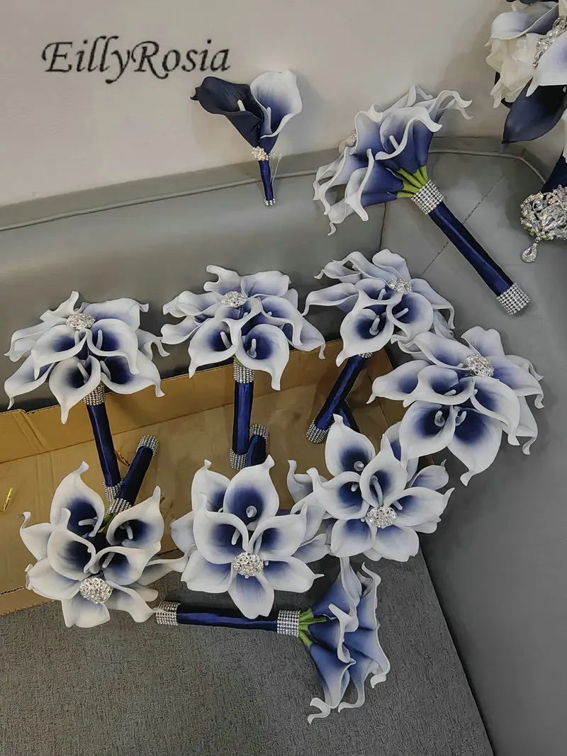 EillyRosia الأزرق الداكن الصلبة زنبق الكالا باقة الزفاف التصميم الأصلي بروش باقة لوصيفة الشرف عقد الزهور مخصص #5