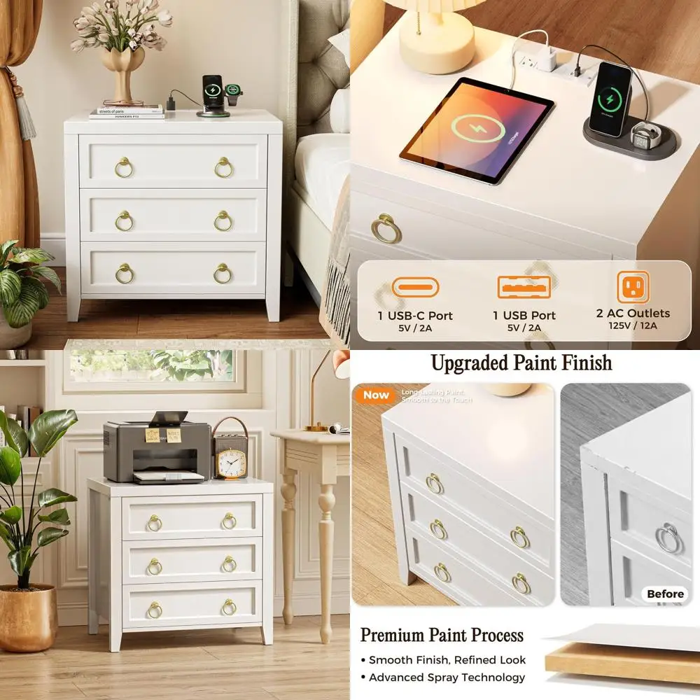 23.6 USB-C Nightstand, 3-Drawer Storage, Wide Bedroom Side Table, White Finish