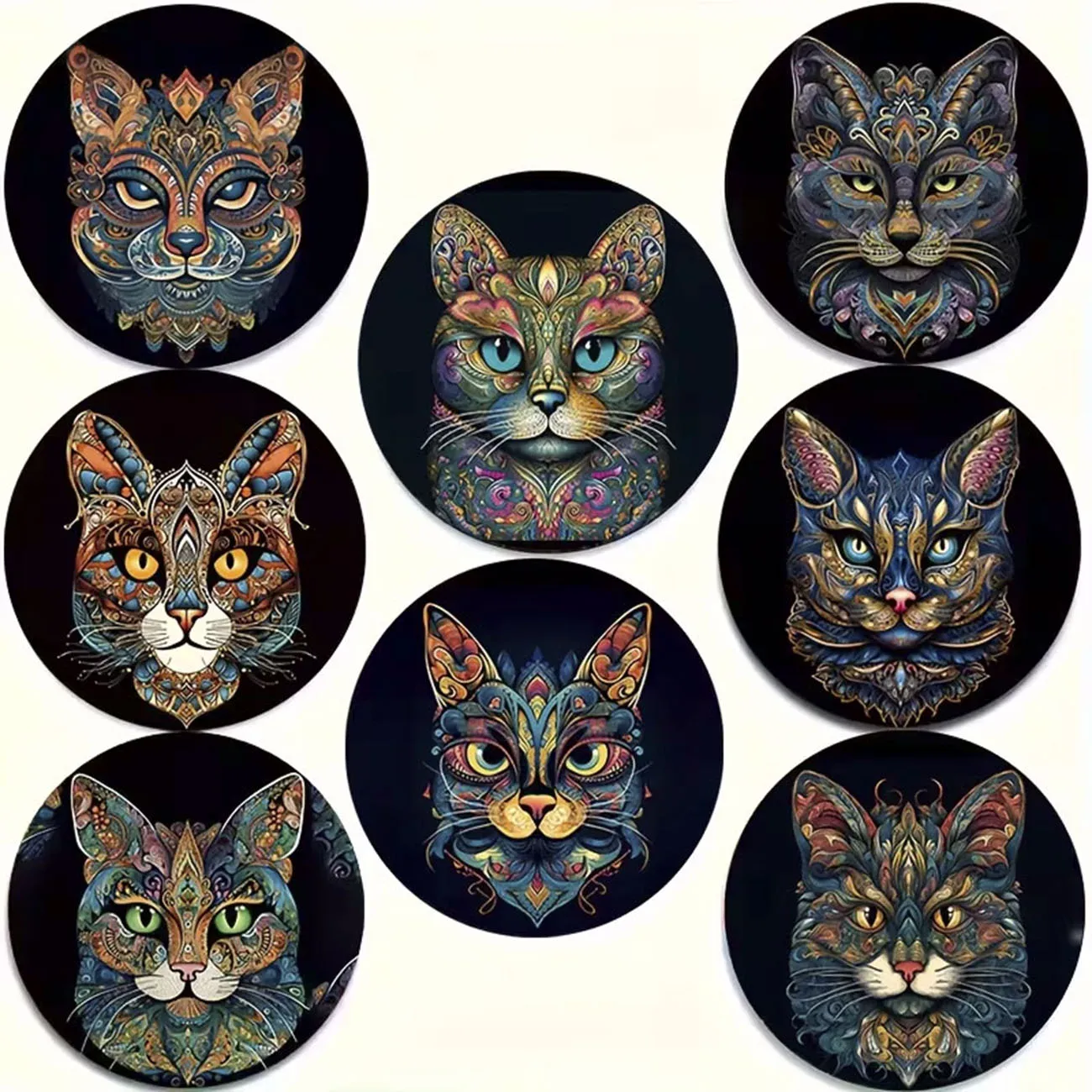 8-piece set - Cat themed wooden coaster set, round, durable composite wooden coaster for desktop protection