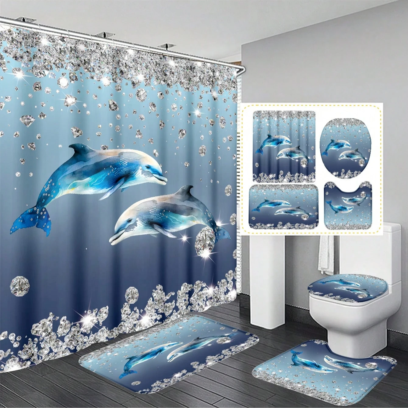 4pcs Dolphin & Diamond Design Bathroom Decorative Waterproof Shower Curtain Set With 12 Hooks,  Comprehensive Bathroom Set