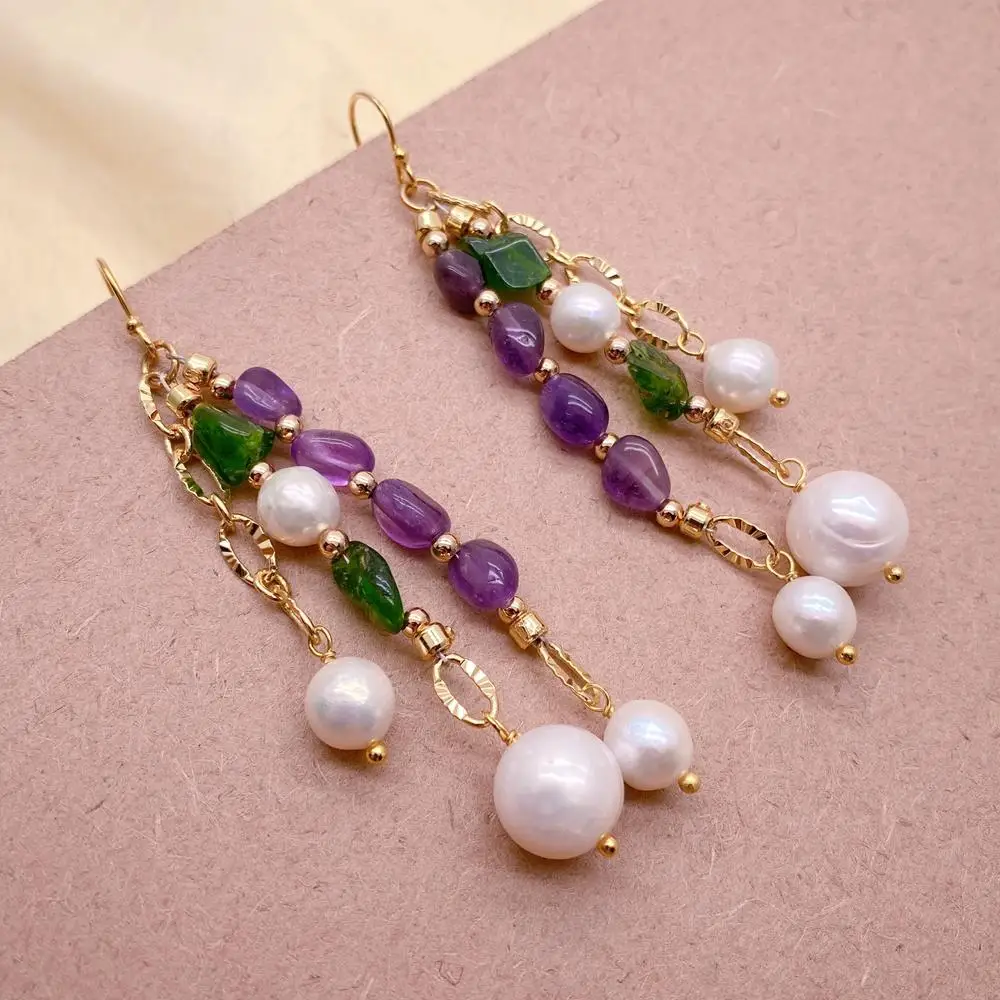 

yygem 11x12mm White Pearl Green Diopside Amethyst Dangle Hook Earrings Natural Stone Jewelry