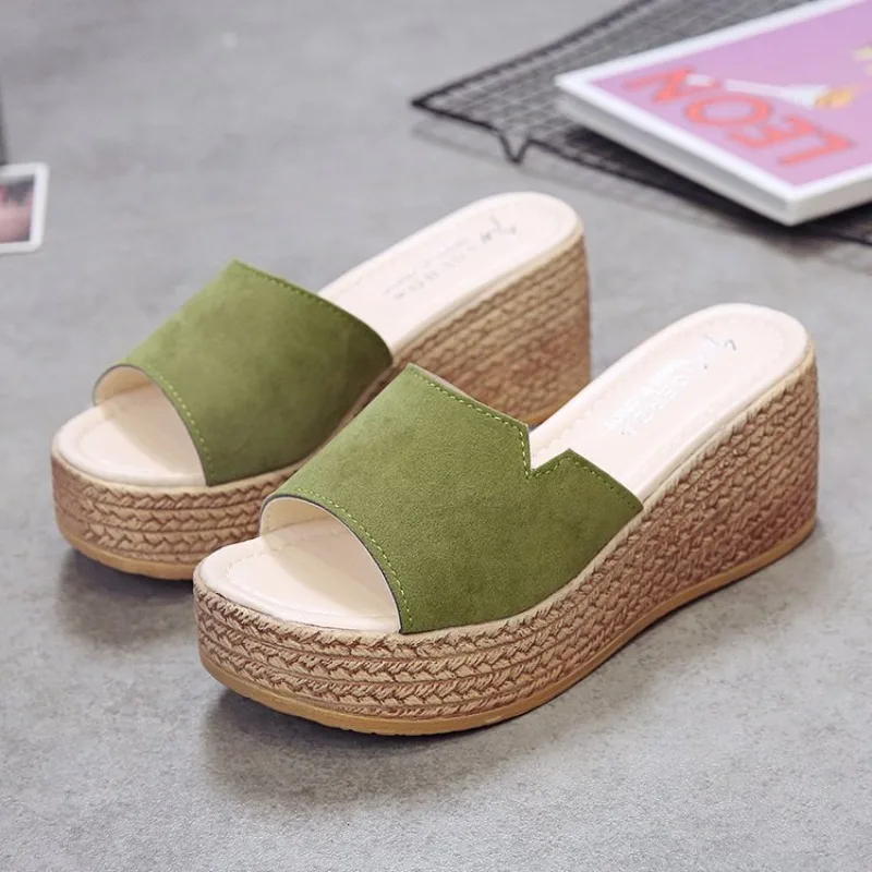 Women's Summer Fashion Outerwear Slope Heel Cool Dragging Thick Bottom High Heels Breathable Anti slip Wear resistant Slippers