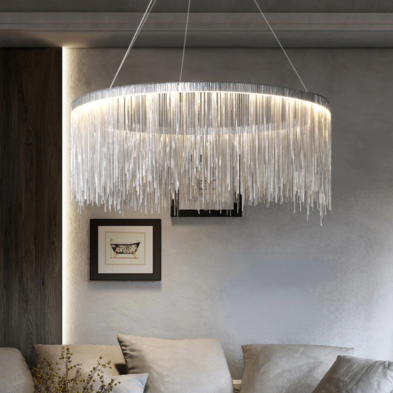 

Circular Light Luxury Living Room Chandelier Creative Chain Tassel Restaurant Bedroom Dining Room Pendant Lamp Led Light