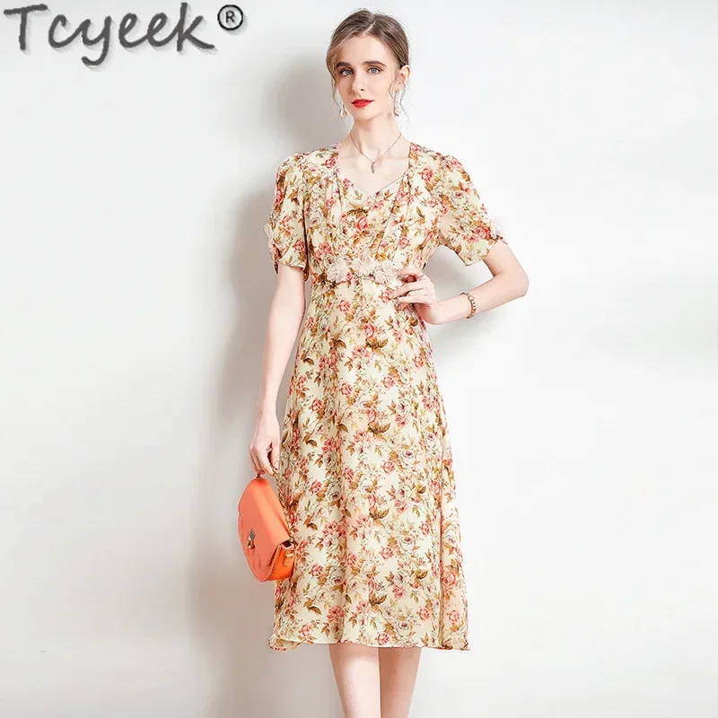 

Tcyeek 100% Real Mulberry Silk Long Dresses for Women High-end Summer Women Clothes Elegant and Pretty Women's Dress Lace-up