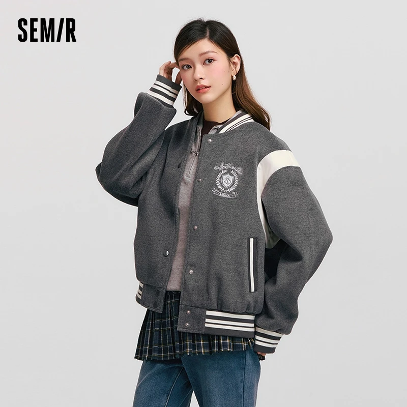 Semir Coat Women Embroidery Patchwork Contrast Color Loose Jacket 2024 New Winter Imitation Woolen Baseball Jacket