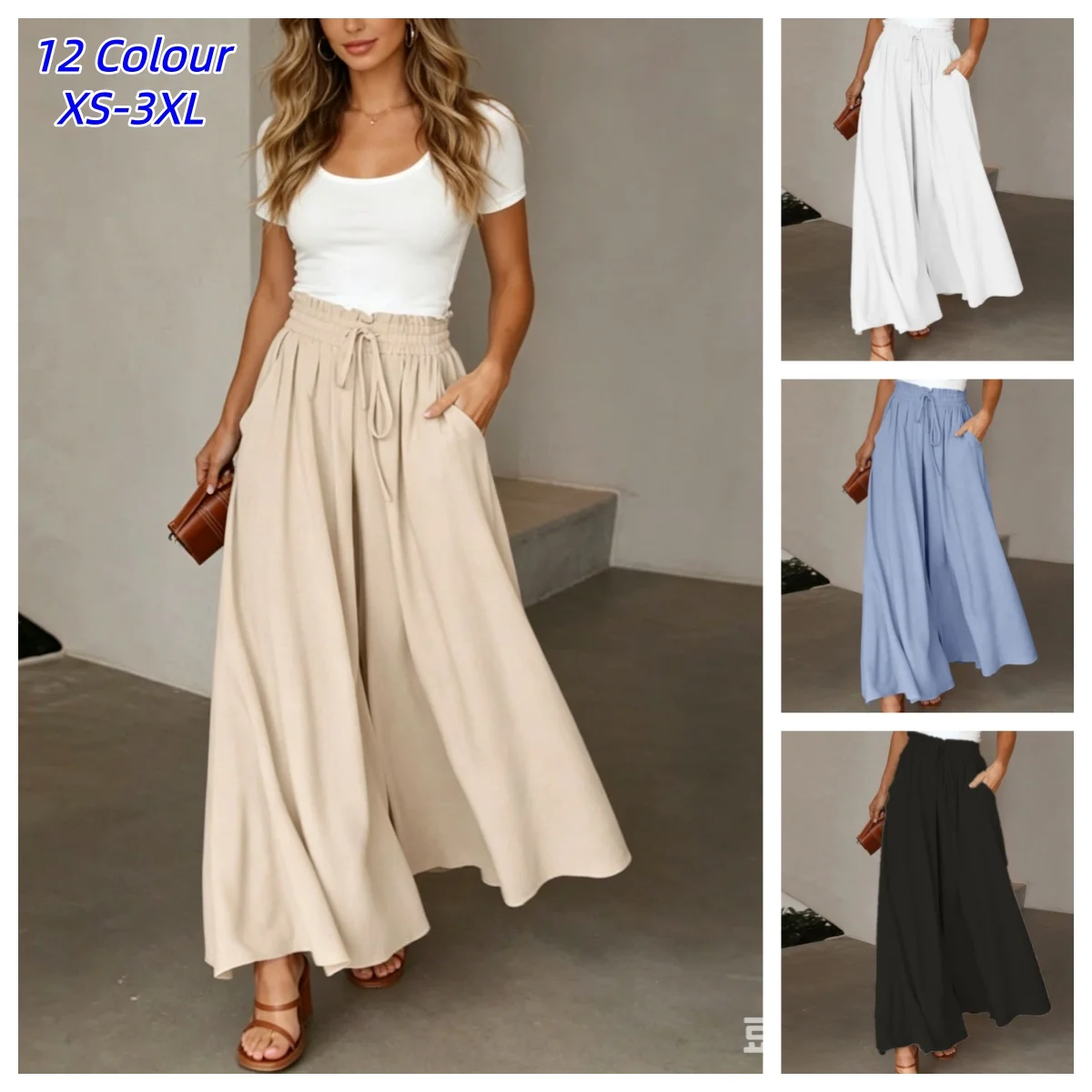 High-waisted Wide-leg Pants Comfortable Slight Stretch FabricElegant Solid Color Design Pocket DetailsDrawstring Elastic Trouser