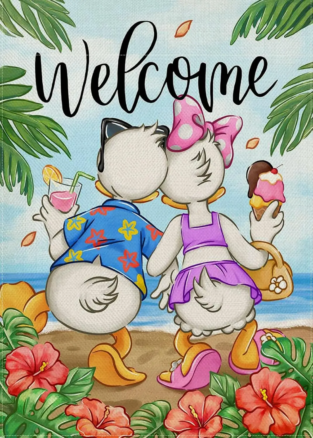 Selmad Welcome Summer Cartoon Duck Decorative Garden Flag, Beach Coastal Hibiscus Flower Tropical Home Yard Outdoor Decor, Hawai