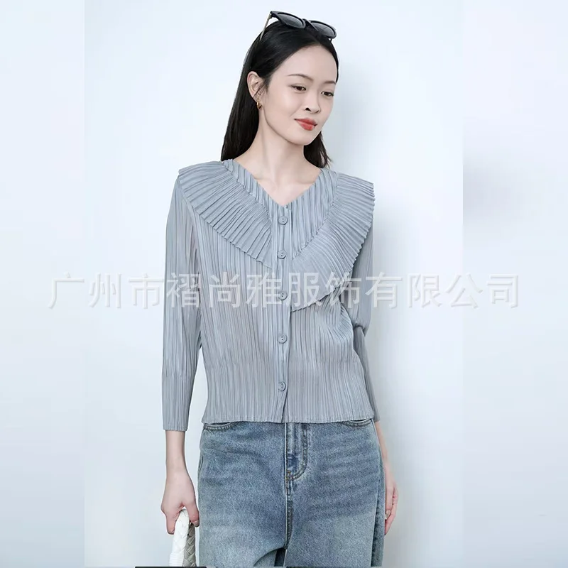 Koszula Miyake Folds 2026 Wiosna Nowy Francuski Styl Luźna Koszula Damska z Charakterem Plisowana Elegancka Wygodna Koszula z Włókna