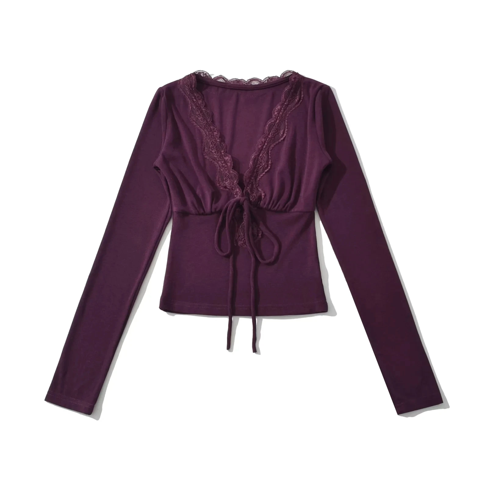 Sexy Pure Desire Spitzenbesatz V-ne T-Shirt Damen Lange Sve Gürtel Schlankheits Taille Top Sommer Herbst Faion Damen T-Shirt