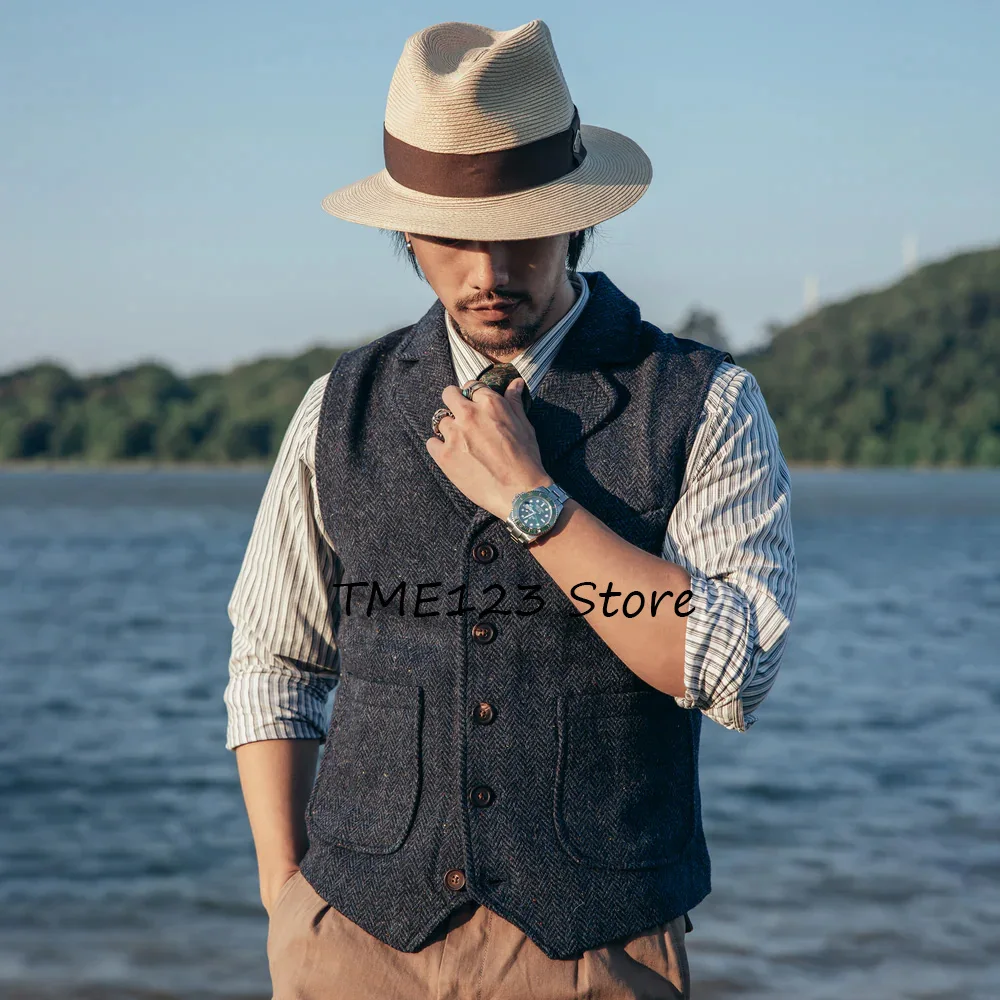 Suit Male Men's Vest Single-breasted Vintage Herringbone Fabric Elegant Man Vest Vests for Men Gilet Working Work Clothing Suits