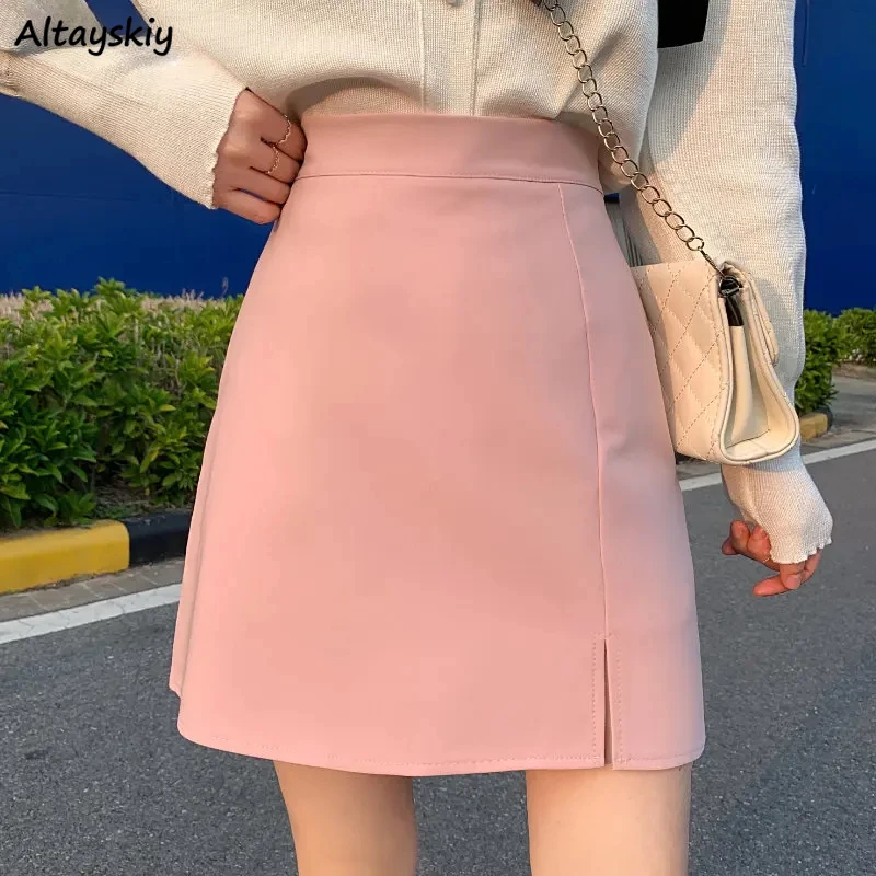 Mini Pure Skirts Women Side Slit Simply Summer High Wasited Office Ladies Korean Fashion Harajuku Clothes All-match Юбка Женская