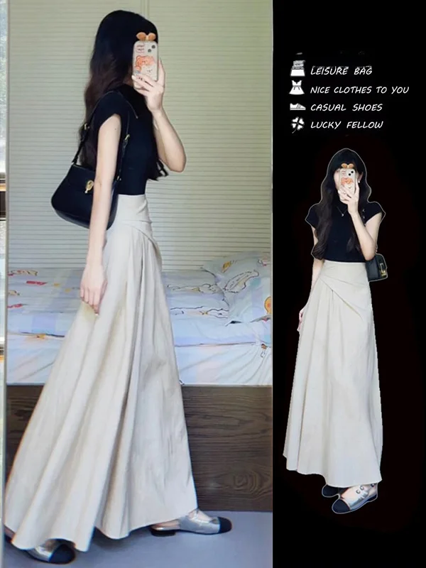 Elegant High Waist Midi Skirt Fashionable Versatile Design Slimming A-Line Half-length Ladies' Premium Quality Spring Summer
