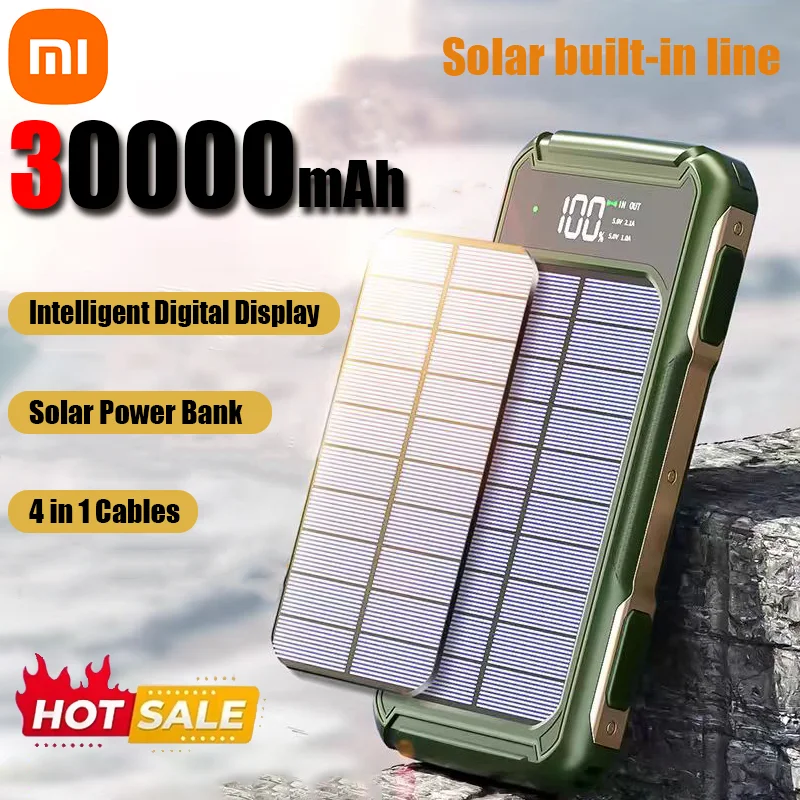 Xiaomi 30000mAh High Capacity Solar Power Bank 4 w 1 Wbudowane kable Inteligentny cyfrowy wyświetlacz Laser Light dla Samsung Apple