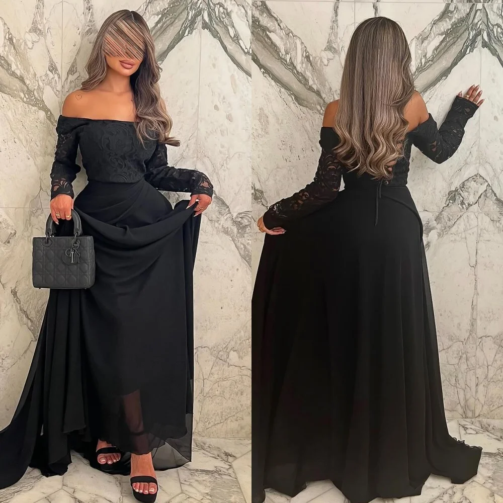 

Customized Classic Modern Style Chiffon Applique Draped A-line Boat Neck Long Dresses Bespoke Occasion Dresses Fashion Exquisite