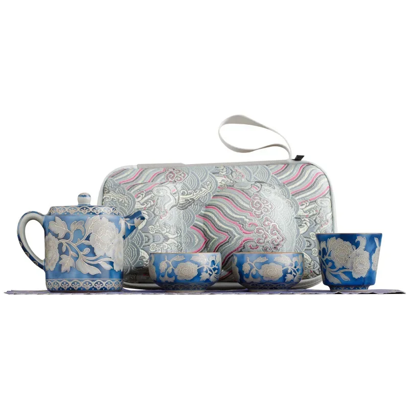 Ru Kiln Teapot Teacup One Pot Three Cups Travel Tea Set Outdoor Camping Portable Kung Fu Tea Set Gift Complete Set Tea Kettle