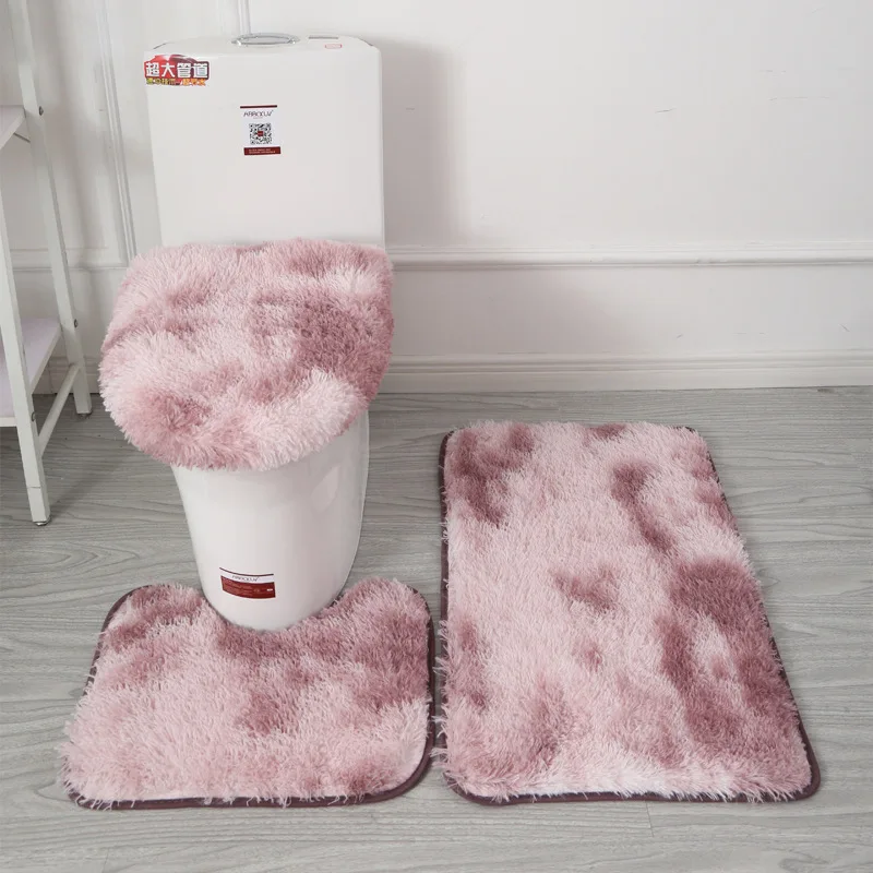 Elegant Hand-dyed Long Pile Rug Toilet Three-piece Set Anti-slip Foot Pad Bathroom Water-absorbing Package